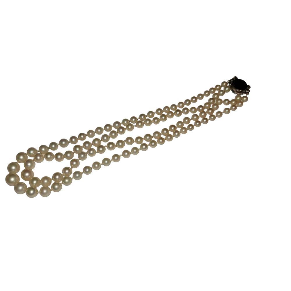 Faux vintage 2 strand graduating pearls silvertone clasp rhinestones knotted